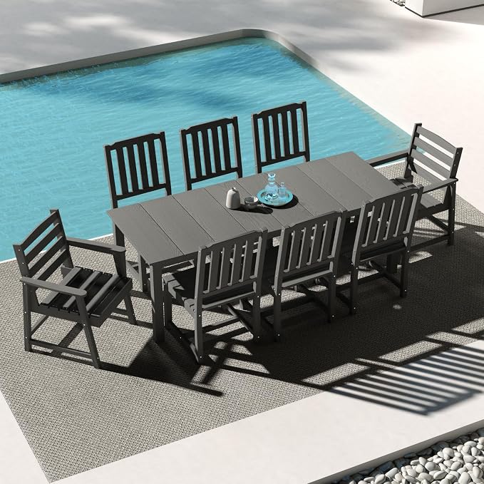 9-Piece HDPE Patio Dining Set for 8, 75.2" Table,Gray | HDPE material, umbrella hole design, weather-resistant patio furniture, perfect for yard, lawn, garden, balcony, deck