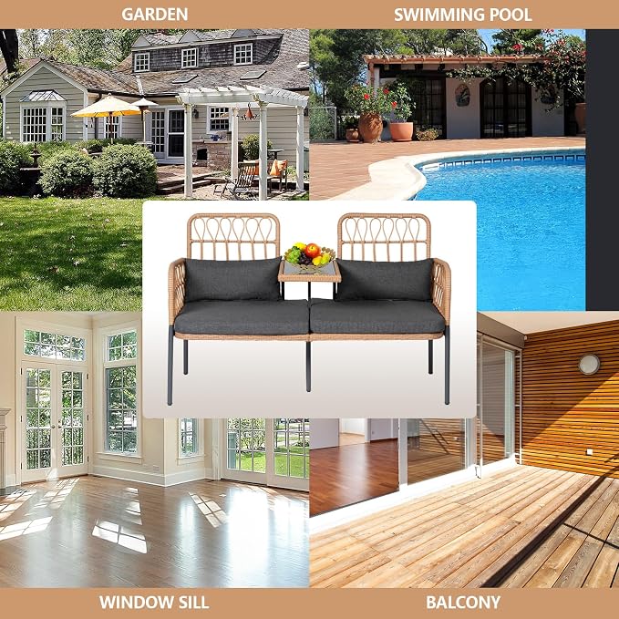Outdoor Loveseat 2 Pieces Patio Furniture Set, Porch Furniture Wicker Large Loveseats, Patio Conversation Sets with Cushions & Lumbar Pillows and Built-in Table