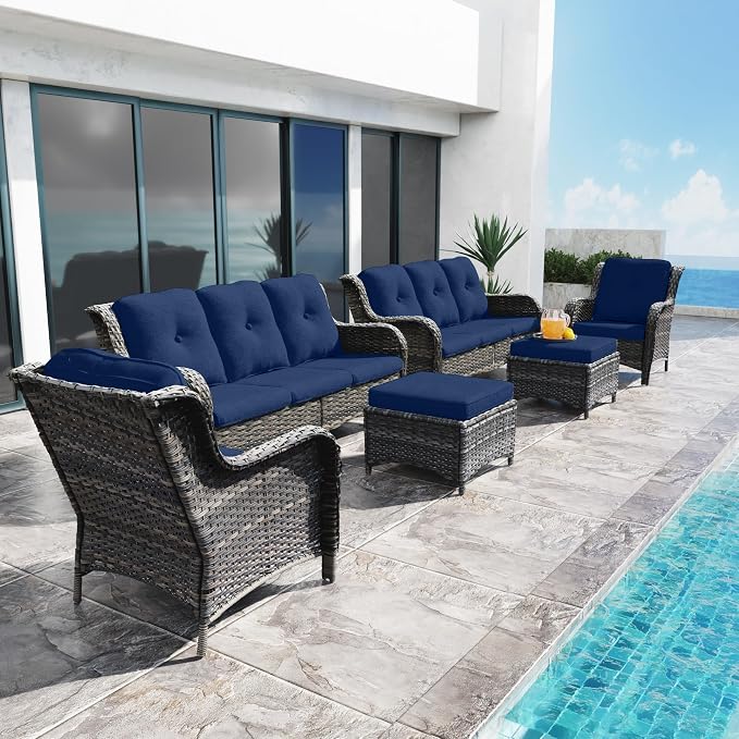 Outdoor Wicker Couch Set 6 Pieces - Outdoor Wicker Patio Furniture Set with 2 Armchairs, 2 Couch and 2 Ottomans, Olefin Cushions Included(Mixed Grey/Blue)