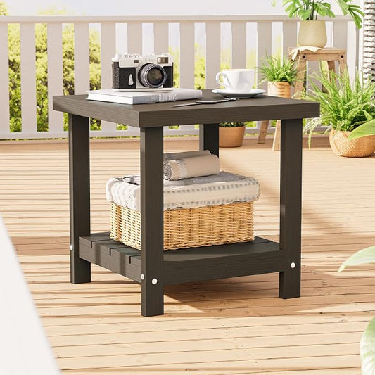 2-Tier HDPE Outdoor Square Side Table, Heavy-Duty Patio Side Table with Storage Shelf, Weather-Resistant Adirondack End Tables for Backyard, Pool, Porch, Garden, Lawn, Brown