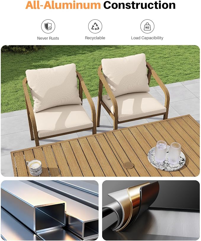 7 Pieces Outdoor Dining Set, Never-Rust Aluminum Patio Dining Set for 6, Patio Dining Table Set with 2 Swivel Chairs, 4 Dining Chairs, Outdoor Furniture Set for Commercial, Deck, Garden, Teak