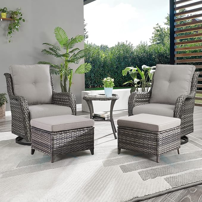 Rilyson Wicker Patio Furniture Set - 5 Piece Rattan Outdoor Sectional Conversation Sets with 2 Swivel Rocking Chairs,2 Ottomans and 1 Side Table for Porch Deck Garden(Mixed Grey/Grey)