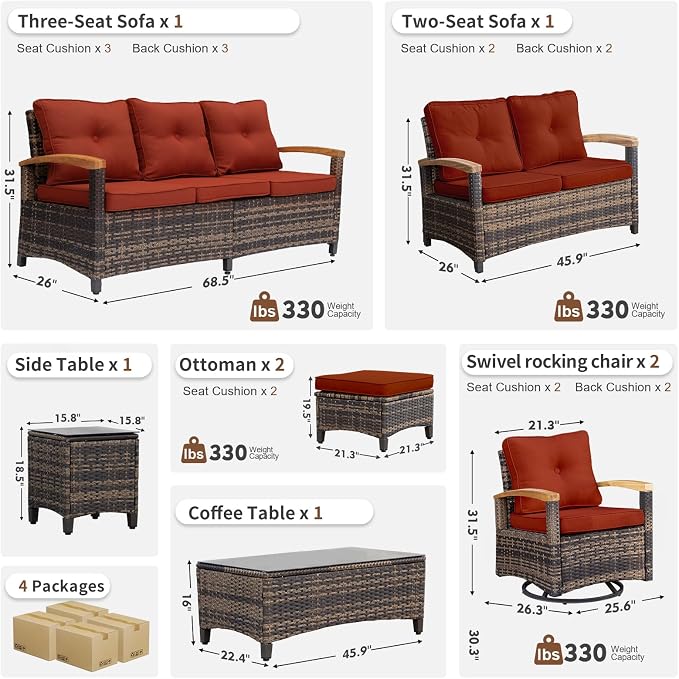 MEISSALIVVE 8 Pieces Patio Furniture Sets,Wicker Patio Conversation Sets with 2 Wood Armrests Swivel Glide Chairs, Outdoor Couch, Loveseat for Deck Yard and Poolside (Red)