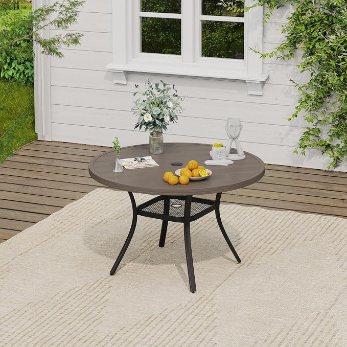 VICLLAX 40.6" Round Patio Table, Outdoor Dining Table for 4 with Umbrella Hole for Garden Lawn Deck Backyard, Antique Grey