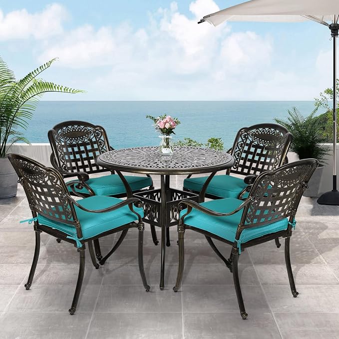 VIVIJASON 5-Piece Patio Furniture Dining Set, All-Weather Cast Aluminum Outdoor Conversation Set, Include 4 Cushioned Chairs and a 35.4" Round Table w/Umbrella Hole, Ocean Blue Cushion