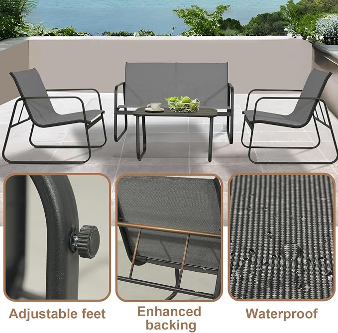 4-Piece Patio Furniture Set, Outdoor Textilene Conversation Set with Chairs & Loveseat, with Coffee Table for Garden, Balcony, Poolside, Backyard, Water-Resistant & UV-Resistant（Khaki）