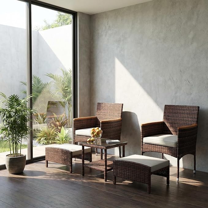 5Pcs Patio Furniture Sets Rattan Patio Chair Set of 5 Outdoor with Coffee Glass Table & Ottoman for Yard Backyard Lawn Porch Poolside Balcony (Brown and Khaki)