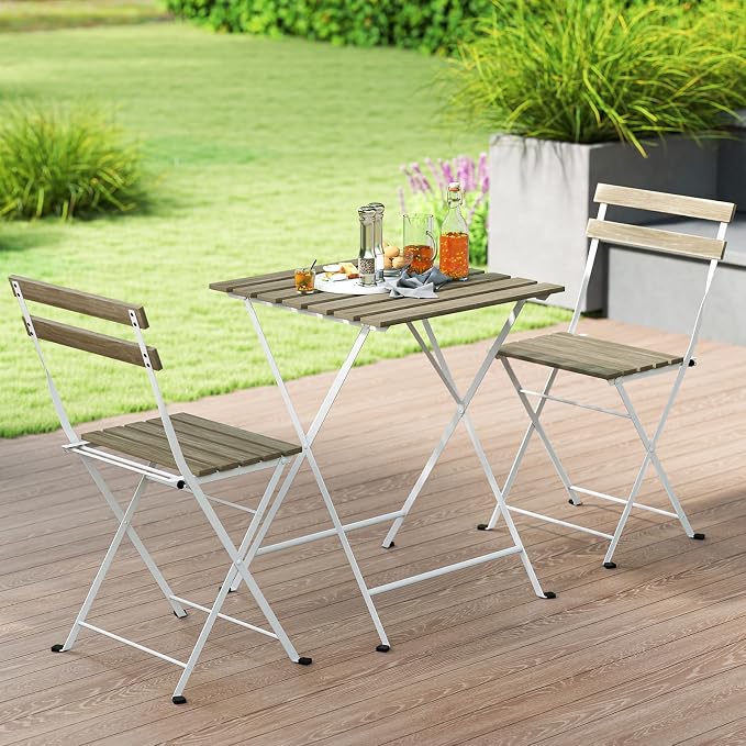 Tangkula 3 Pieces Patio Dining Set, Outdoor Square Table and Folding Chairs with Metal Frame, Space Saving Furniture Set for Yard Porch Deck Backyard (Grey)