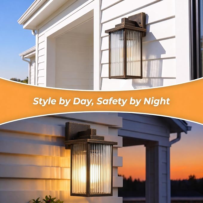 13" Black Brush Gold Outdoor Wall Light, All-Metal Frame Porch Light | Textured Glass Softens Glare, Stays Bright. Dual-Tone Rust-Resistant Metal. Pre-Assembled DIY Install. For Porch, Garage