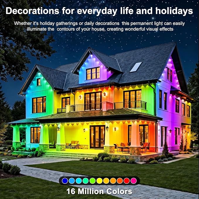 RCUICA 200FT Permanent Outdoor Lights Waterproof with Smart App Control Remote,DIY Scene Modes,Music Sync hronization,Eaves Lights for Garden Decor,Deck,Christmas