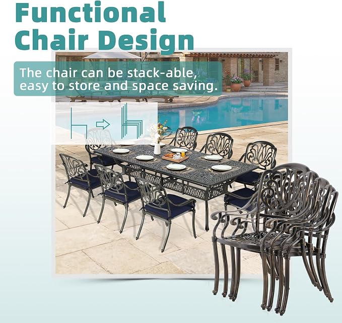 MEETWARM 9-Piece Outdoor Patio Dining Set for 8, All Weather Cast Aluminum Patio Funiture Table and Chairs Set- 94.5” Rectangular Table and 8 Cushioned Chairs for Garden, 2" Umbrella Hole, Navy Blue