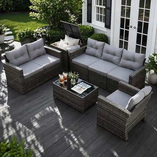 Super Patio 8 Pieces Outdoor Patio Furniture Set, Wicker Patio Conversation Sets with Storage Box, Rattan Outdoor Sectional Sofa Set with Cushions and Coffee Table for Outside Porch, Deck, Gray