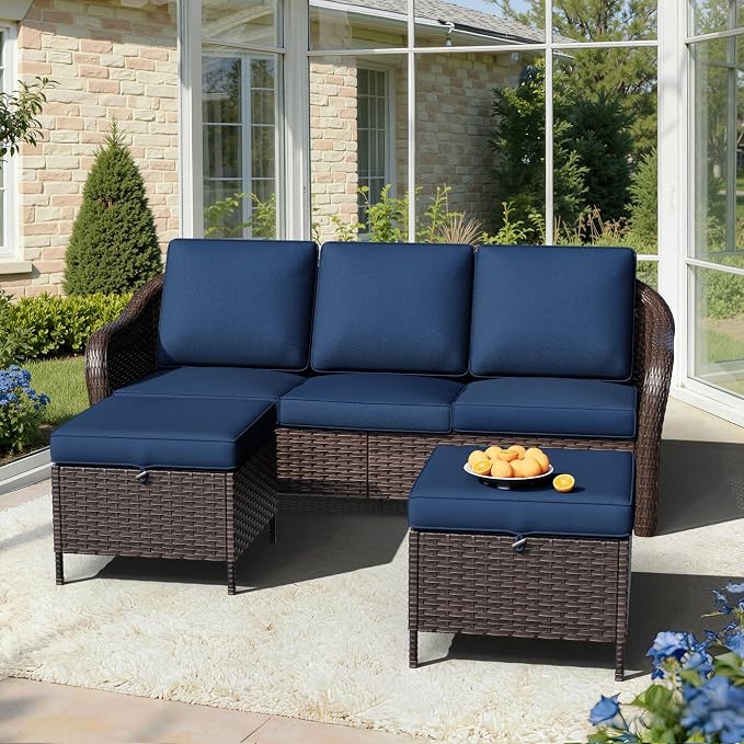 Patio Sectional Sofa Set | 78" 3-Seat Couch with 2 Ottomans, Outdoor Conversation Furniture Set, Outside Wicker Furniture with Washable Cushions (Navy Blue)