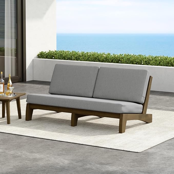 Outdoor Furniture Patio Couch, Weather Resistant 3-Seater Patio Sofa with Removable Cushion, Teak Wood Frame for Porch & Backyard Seating - Grey