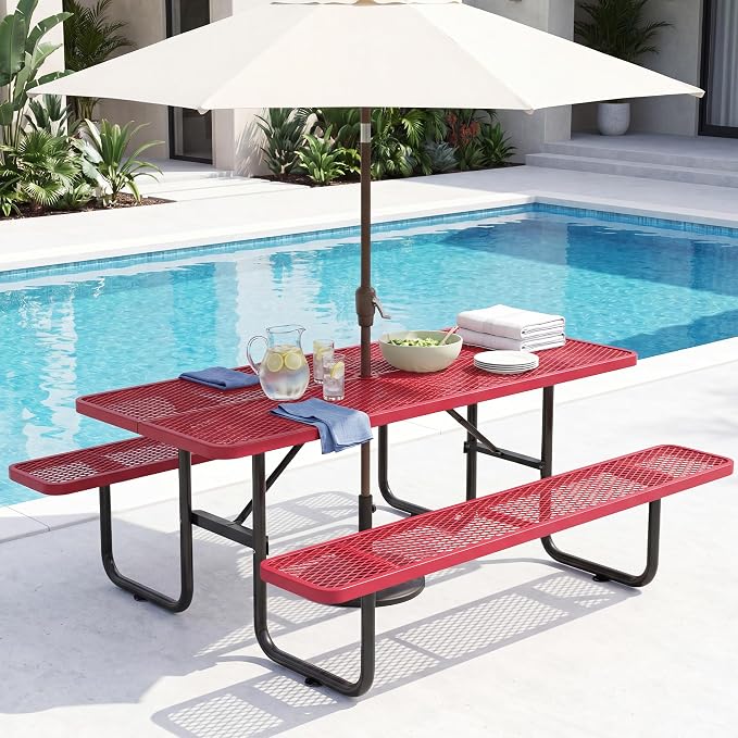 72" Outdoor Rectangular Picnic Table with Umbrella Hole, Heavy Duty Commercial Grade Steel Camping Table for Backyard Patio Deck, Weather-Resistant Red Metal Mesh