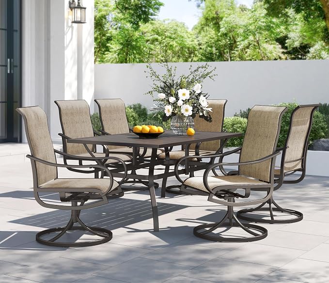 PHI VILLA Outdoor Dining Set for 6, Swivel Mesh Chairs & Metal Table, Brown | 60'' metal rectangular table with umbrella hole and 6 breathable textilene patio chairs, designed for deck, backyard, garden