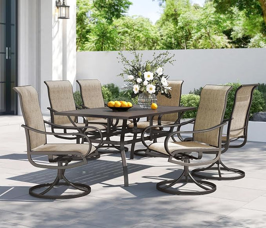 PHI VILLA Outdoor Dining Set for 6, Swivel Mesh Chairs & Metal Table, Brown | 60'' metal rectangular table with umbrella hole and 6 breathable textilene patio chairs, designed for deck, backyard, garden
