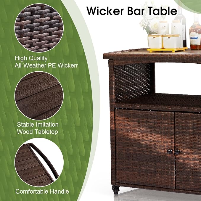 Outvita Patio Bar Table, Weatherproof Buffet Cabinet Wicker Outdoor Storage Cart with 2 Doors & Shelves Wooden Tabletop for Tableware Wine Bottle and Glass, Towels, and Potting Supplies