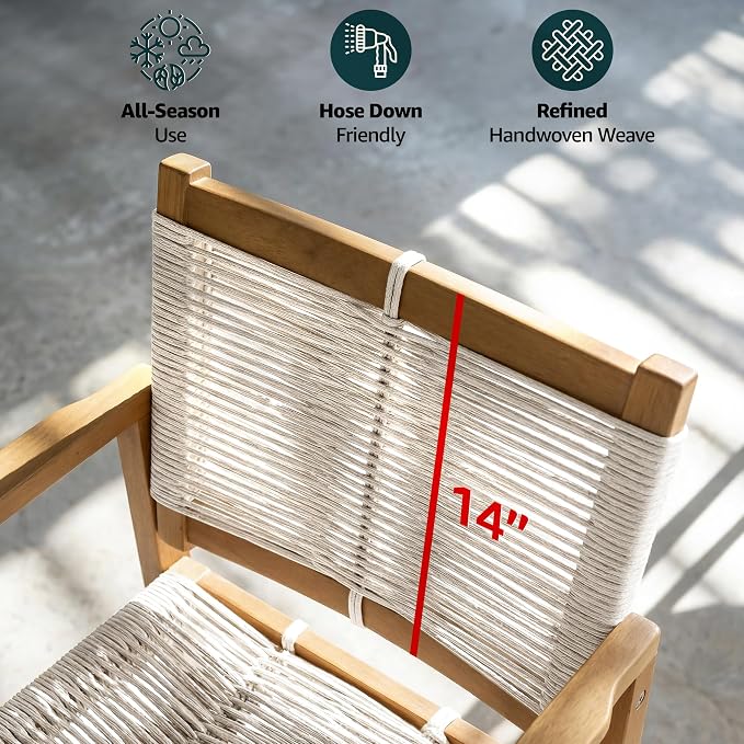 Heritage Woven Rope Eucalyptus Wood Armchair, Set of 2 Oversized Wide Backrest for Enhanced Comfort - Handcrafted Outdoor Patio Dining Chairs, Solid Eucalyptus Boho Seating for Deck, Porch & Backyard