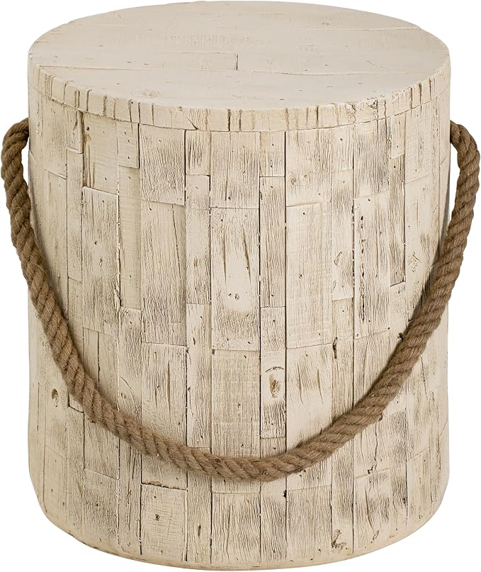 IRONORA Whitewashed Wooden Cylindrical Outdoor Side Table with Rope Handle, Rustic Round Accent Table, Weathered End Table for Patio Backyard Garden