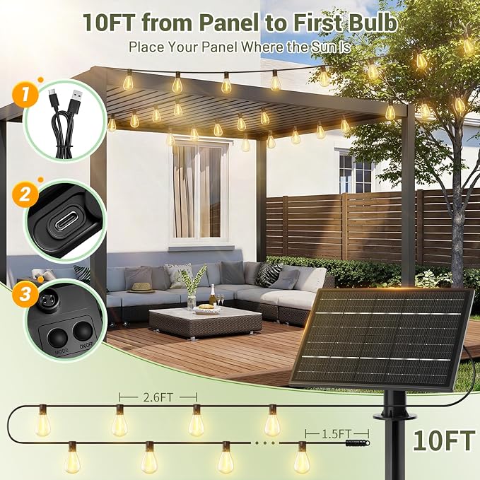 100FT Solar Outdoor String Lights with 36+2 Edison Shatterproof Waterproof Bulbs, 2200K Commercial Grade Patio Lights, Heavy Duty Outside Hanging for Garden Porch Deck Decor