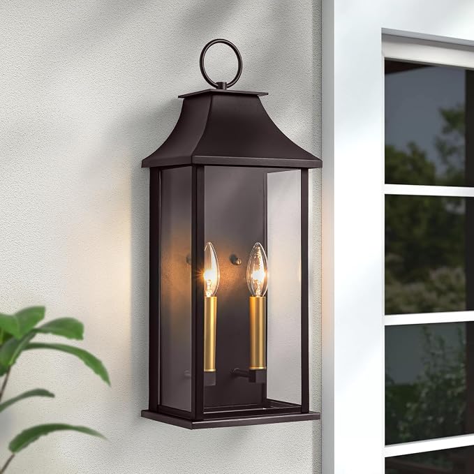 Oil Rubbed Bronze 20.6" Outdoor Wall Light, Aluminium | Dusk to Dawn, Large Outside Wall Sconce, Modern Exterior Wall Lantern with Glass, Waterproof, For House, Porch
