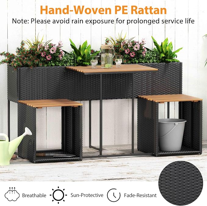 Moccha Patio Furniture Set with Raised Garden Bed - Rattan Outdoor Conversation Set with Bottom Storage, Acacia Wood Seating and Flower Box Set, Garden Planter Table with Chairs for Porch Yard Deck