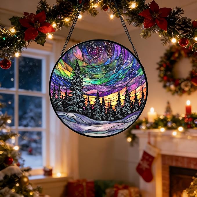 DASTOLL Stained Glass Window Hanging, Van Gogh Night Scene Sun Catchers Colorful Glass Panel Starry Sky Suncatcher Decor for Birthday for Women, Men, Wife, Aunt, and Mom 9.8 in