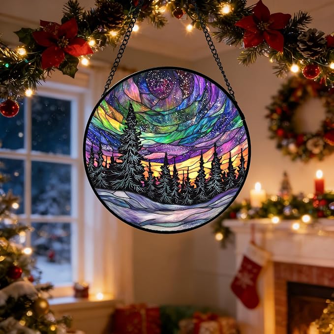 DASTOLL Stained Glass Window Hanging, Van Gogh Night Scene Sun Catchers Colorful Glass Panel Starry Sky Suncatcher Decor for Birthday for Women, Men, Wife, Aunt, and Mom 6.3 in