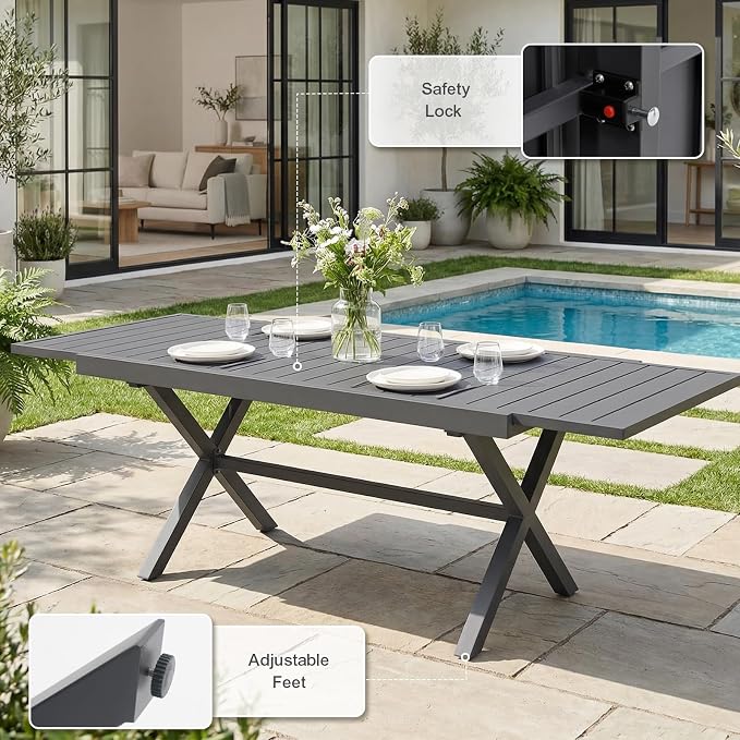 SUNSITT 7 Piece Outdoor Patio Dining Set, 65" - 107" Metal Expandable Outdoor Dining Table with X-Shape Legs, 6 Woven Wicker Outdoor Patio Chairs w/Curved Armrest for Garden, Dark Grey