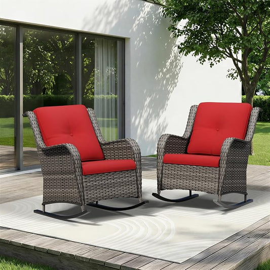 Patio Rocking Chairs Set of 2, Outdoor Wicker Patio Furniture Set 2 Pieces with Thickened Olefin Cushions, High Back and Deep Seating, Hand-Woven PE Rattan for Porch, Deck, Red