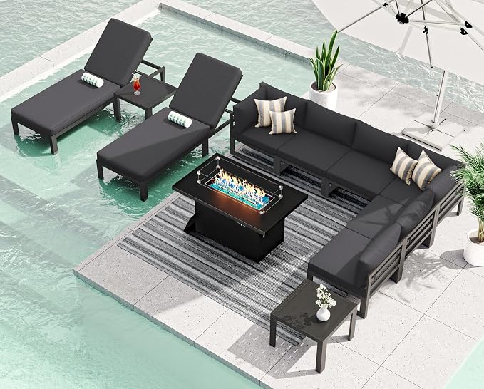 RADIATA Outdoor Aluminum Patio Furniture with Fire Pit Table, Modern Outdoor Patio Furniture Set 11 Pieces, Gray Frame Wide Seat Oversized Sectional Conversation Set for Poolside, Backyard, Grey