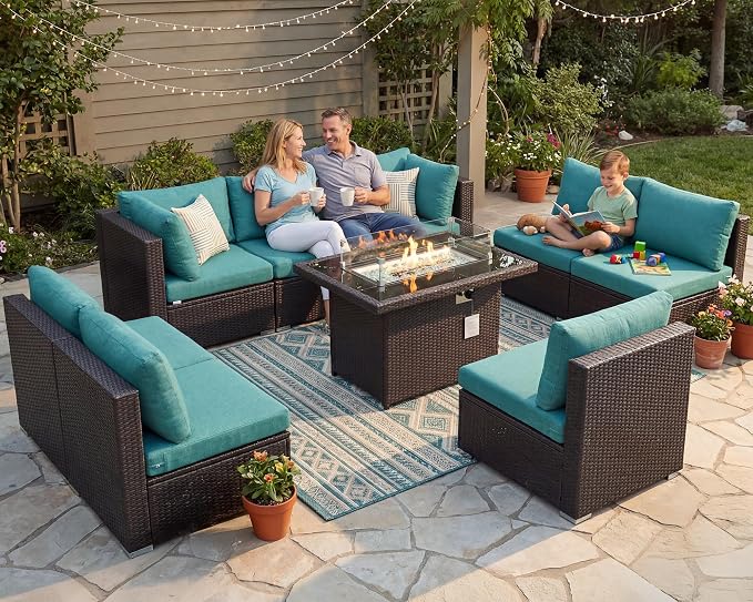 BULEXYARD 9 Piece High Back Outdoor Sectional Couch Set with Fire Pit, Elegant All-Weather Patio Furniture Set, Extra Large Size 8-Person Backyard Seating Group L-Shaped for Yard, Deck, Brown & Teal