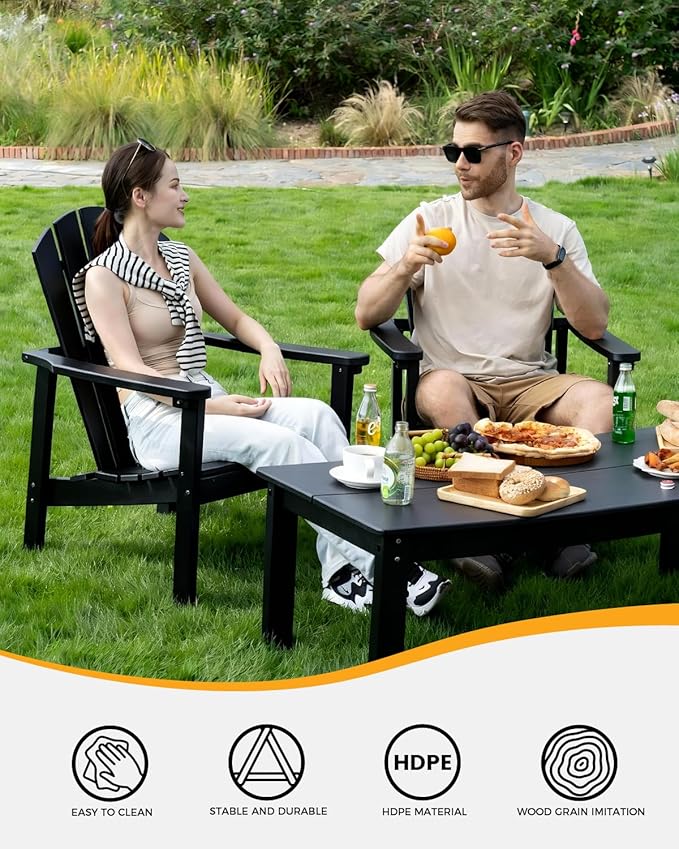 nevilywood 5-Piece HDPE Adirondack Chair Set, 4 Stackable Chairs Coffee Table, All-Weather Wood Grain, Patio Garden Backyard,Black