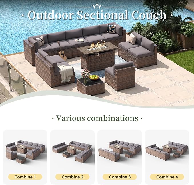 Aoxun 12 Piece Patio Furniture Set with 44” Fire Pit Table Wicker Rattan Outdoor Sectional Sofa Set with Coffee Table and Thickened Cushions, Grey