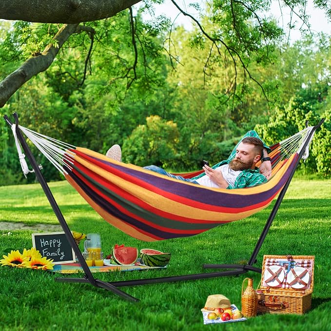 550lbs Capacity Double Hammock Adjustable Hammock Bed with 10ft Heavy Duty Steel Stand Includes Portable Carrying Case, Easy Set up Rainbow Stripe C