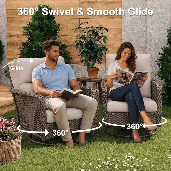 Yechen Patio Furniture Set 6 Peices with 44" Propane Gas Fire Pit Table -2 Wicker Swivel Rocking Chair, Outdoor Sectional Furniture Set with-4.3'' Cushion Conversation Sofa Set for Porch,Backyard