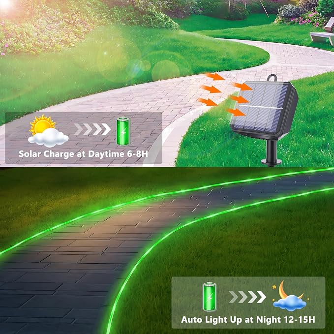 Solar Rope Lights, 2 Packs Total 132ft 400LED Solar String Lights, 8 Modes Waterproof Solar Outdoor Light, Flexible Clear Trampoline Light for Garden Backyard Patio Deck Pool Tree Decor - Green