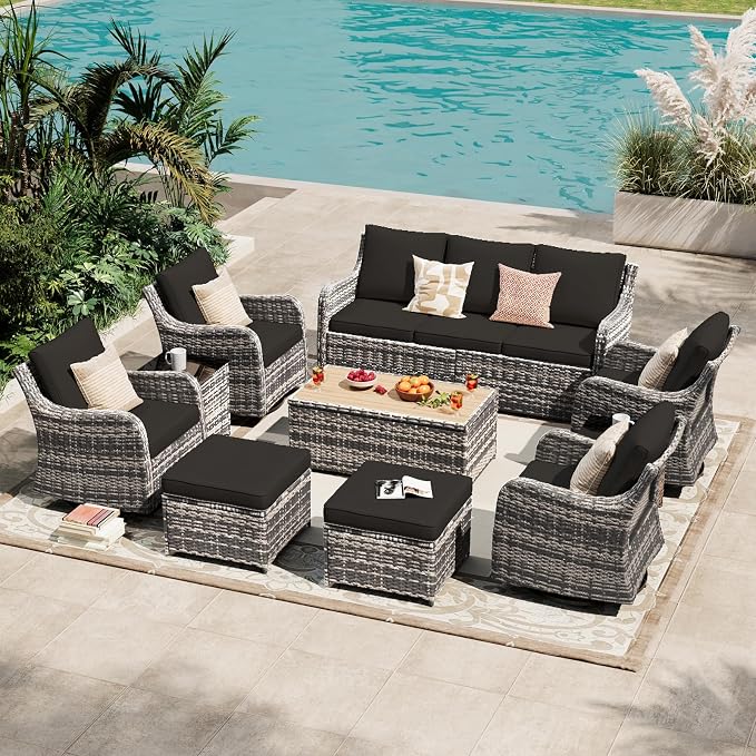 MEISSALIVVE Patio Furniture Set with Swivel Rocking Chairs, 10 Pieces Patio Conversation Set, Outdoor Wicker Sofa Couch with Waterproof Cushions for Lawn Backyard Porch (Black)