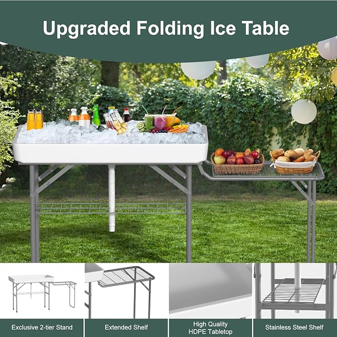 Folding Ice Cooler Table with Metal Side Desktop, Skirt &Drain Hose to Keep Drinks Cool, 4 Foot Portable Self-Serving Beverage Cooling Bar with Metal Shelf for Party, BBQ, Camping Picnic, White