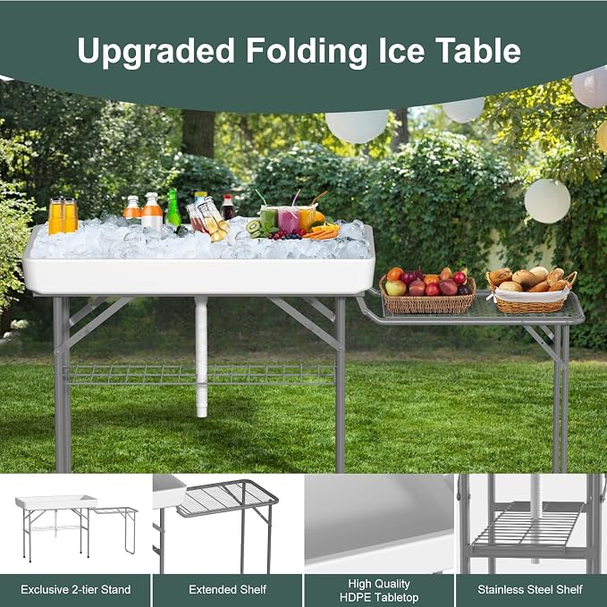 Ice Cooler Table with Foldable Extension Stand, 4 Foot Outdoor Ice Table with Matching Skirt & Drain Hose, Folding Cooler Server with Metal Shelf for Party, BBQ, Camping Picnic, White