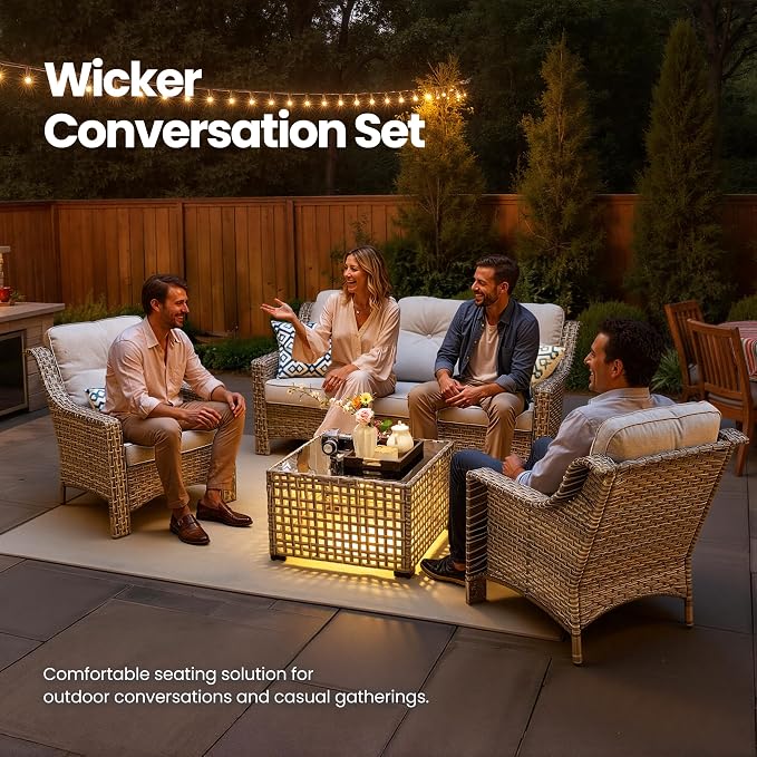 4 Piece Outdoor Patio Furniture Set, All Weather Waterproof Wicker High Back Conversation Set, Two Single Chairs, Solar Light Coffee Table, Outside Furniture for Porch Balcony, Light Grey