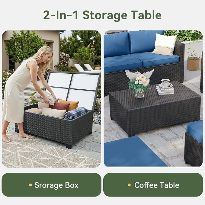 Aoxun Patio Furniture Set with Fire Pit Table, 6 Seats Piece Outdoor Furniture Set with Wicker Ottomans, Rattan Outdoor Sectional Sofa with Storage Table & Waterproof Cover Navy Blue