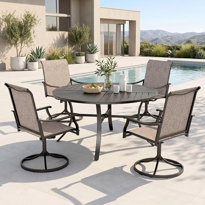 PHI VILLA Round Patio Table & Chairs Set, Outdoor Dining Furniture for 4 | Textilene chairs, Weather-resistant metal frame, Breathable & quick-drying, Umbrella hole, Patio deck backyard, 5 piece
