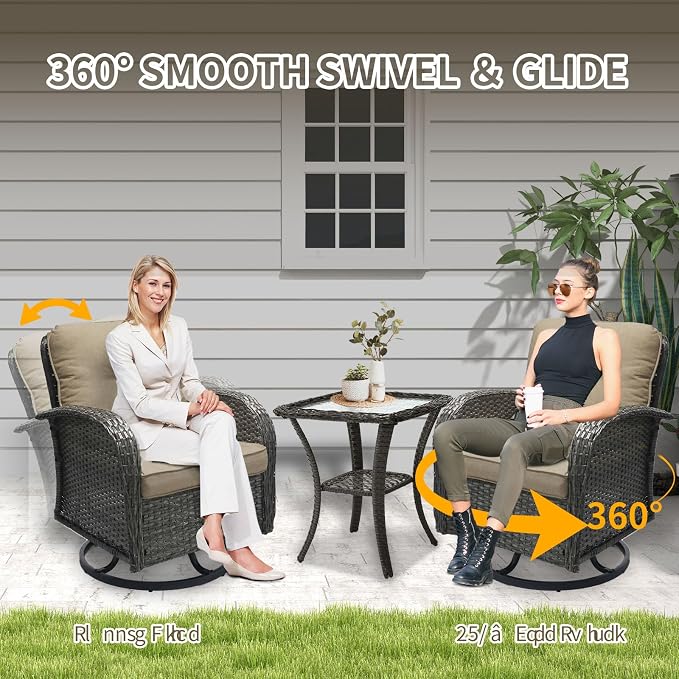 SHGJ&SOFT 3 Piece Patio Furniture Set, 2 Outdoor Swivel Rocking Chairs with Side Table, Wicker Glider Chairs, All-Weather Rattan Bistro Set for Porch, Deck, Pool (Brown, Grey Full-Weave Rattan)