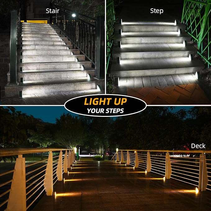 Solar Step Lights 16 Pack - Outdoor Stair Lights with 3000K Warm White & 6000K Cool Daylight, IP67 Waterproof, Auto On/Off, Super Bright for Deck, Patio, Steps