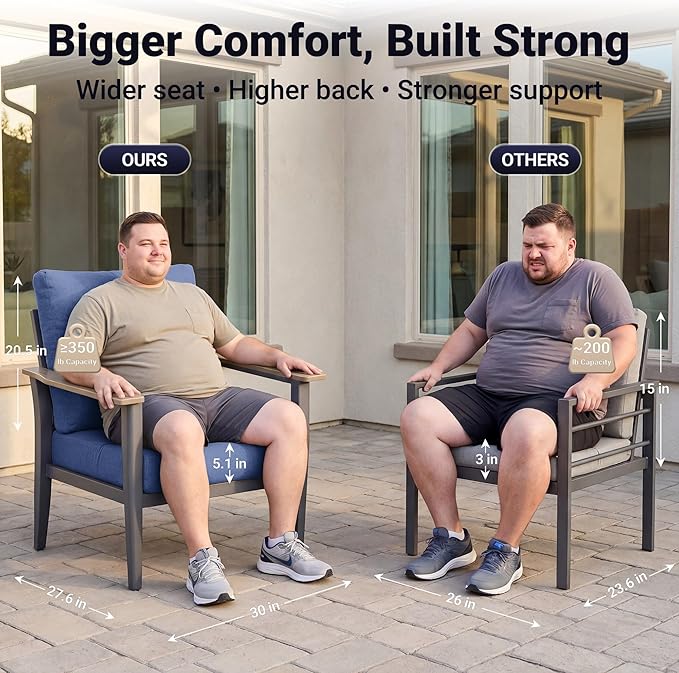 Aluminum Patio Chairs with Ottomans, 4-Piece Outdoor Patio Furniture Set, Modern Lounge Armchairs with Footrests, Wood-Like Armrests & 5.1" Thick Cushions for Porch, Poolside, Navy Blue