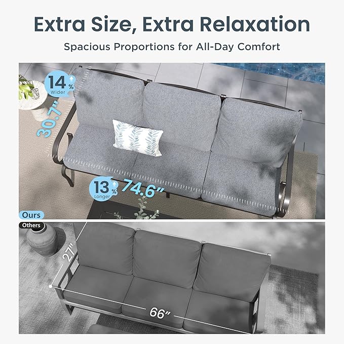 PHI VILLA Patio Furniture Set, 3-Seater Sofa, 4 Swivel Chairs and a Coffee Table, Outdoor Metal Conversation Set with 5.75" Extra Thick Cushion for Garden Backyard Deck, Grey