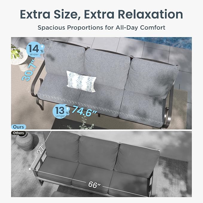 PHI VILLA Patio Furniture Set, 3-Seater Sofa, 2 Fixed Chairs, 2 Rocking Chairs and a 45" Fire Pit Table, Outdoor Metal Conversation Set with 5.75" Extra Thick Cushion for Garden Backyard Deck, Grey