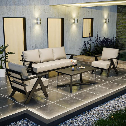 COOS BAY Iron Luxe 4 Piece Outdoor Patio Furniture Set, Modern Patio Conversation Set with 2 Patio Chairs, a 3 Seat Couch & Coffee Table for Deck, Garden, Porch, Black/Beige